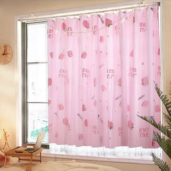 魔术贴窗帘免打孔安装卧室少女粘贴式小清新简易遮光布小窗户双层草莓