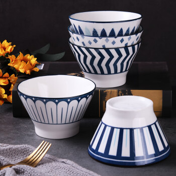 樱之歌 釉下彩斗笠碗陶瓷餐具（5英寸5只装）家用碗具 饭碗 大碗微波炉可用 