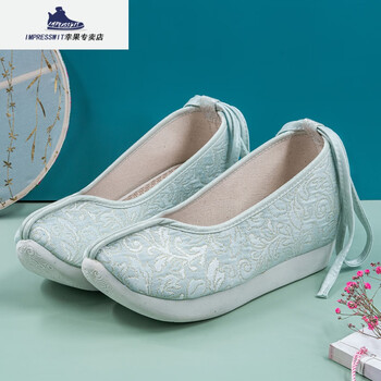 提花布登云履汉服鞋子坡跟增高厚底古代舞台表演演出鞋 蔓枝登云履绿