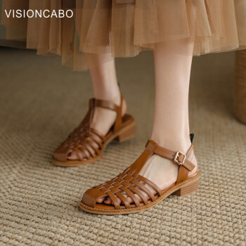 VISIONCABO威森卡伯 复古编织低跟包头凉鞋女粗跟罗马鞋 棕色 36