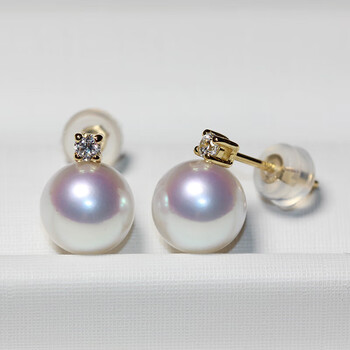 巴翼鸟天然海水珍珠耳钉18k金珍珠耳环极强光正圆无瑕王妃款akoya珠8