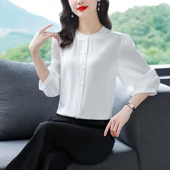 半截袖真丝t恤女中袖上衣新款杭州衬衫夏半袖洋气小衫七分袖t恤白色m