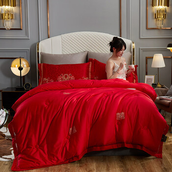水星家纺全棉贡缎提花冬被子婚庆结婚喜被大红纯棉刺绣被芯婚庆红220