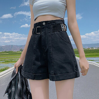 半裤半截裤夏天超高腰短裤女夏季高中学生少女薄款宽松a字热裤潮黑色s