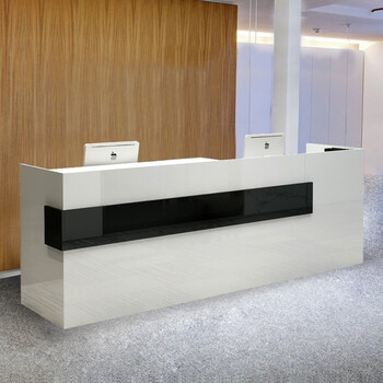 接待台吧台桌新品收银台烤漆前台仿大理石纹简约现代白色黑条造型条uv