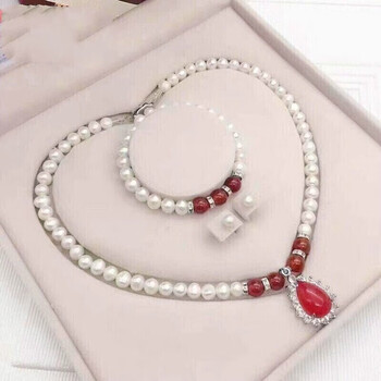 红玛瑙珍珠项链 证书 礼盒 9-10mm 45cm