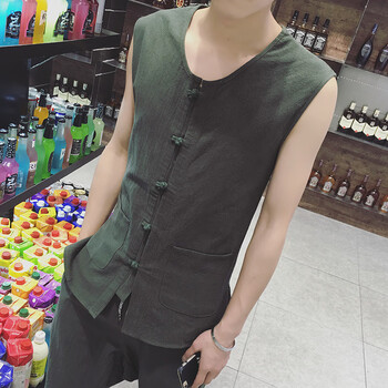 上衣亚麻背心男士中式马褂男汗衫老北京无袖老头衫开衫唐装坎肩中国风