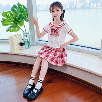 小女孩穿的jk制服水手服裙学院风套装小学生百褶裙12海军领夏装 红色