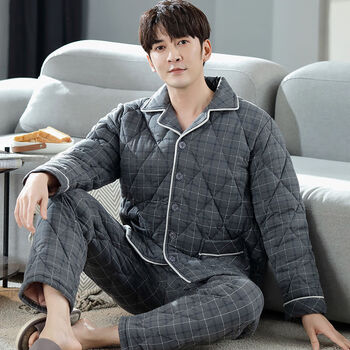 znmo男士睡衣秋冬款夹棉袄三层加厚保暖中年爸爸加大码家居服冬季303