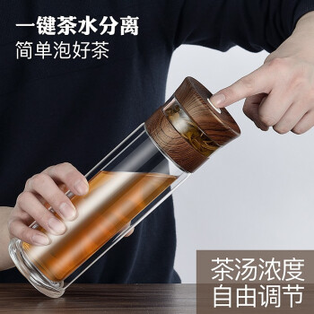 绿珠lvzhu 400ml玻璃杯双层防烫茶水分离 男女士便携办公泡茶杯B656木纹