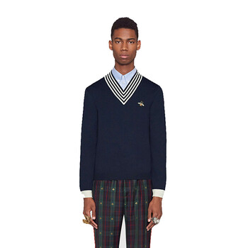 (gucci) 男装蜜蜂图案v领羊毛针织外套上装上衣毛衣 蓝色496442 x9i00