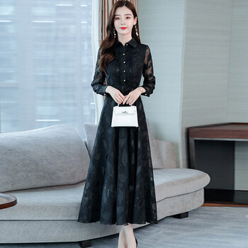 中年女士妈妈带领子的连衣裙早夏装气质2022年新款女收腰显瘦翻领衬衫