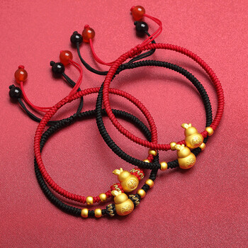 七夕情人节生日礼物古法黄金手链女999足金转运珠金葫芦红绳手绳编织