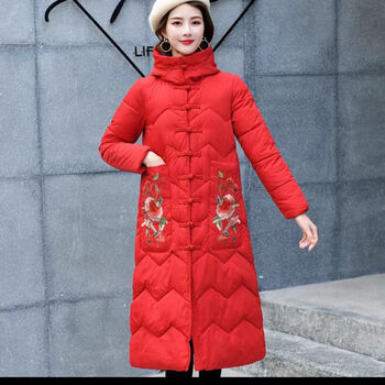 乾裳冬季新娘红色羽绒服女结婚女士民族风唐装旗袍长款宽松连帽刺红色