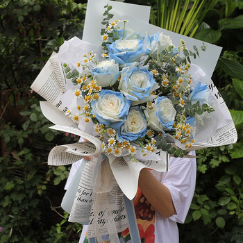 伊莎贝拉北京上海深圳卡布奇诺玫瑰鲜花束d款9朵密西根碎冰蓝玫瑰洋