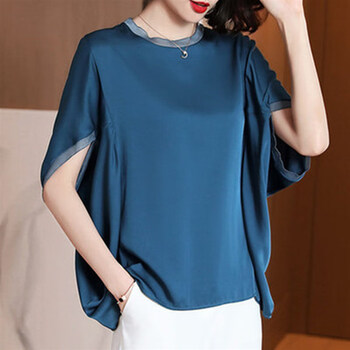 麟零重磅真丝t恤女大l码宽松遮肚春夏2023新款高端桑蚕丝蝙蝠袖上衣薄