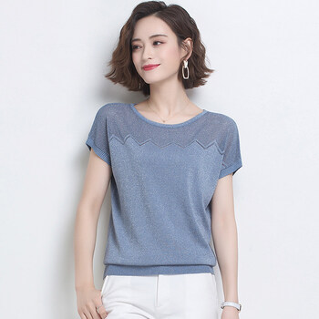 高档女装夏装年新款夏季薄款中年上衣半袖冰丝针织衫蓝色m