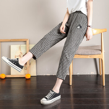萝卜裤女春夏哈伦休闲裤棉麻格子裤宽松九分裤小个子八分裤松紧腰休闲