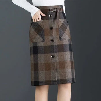 尺帛小个子秋冬季加绒加厚半身裙秋冬包裙格子短裙毛呢半身裙女包臀裙