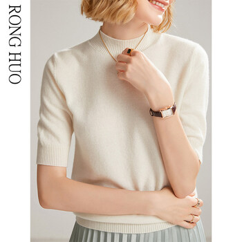 100纯山羊绒针织短袖高端半高领羊绒衫女半袖打底衫薄款中袖毛衣洁