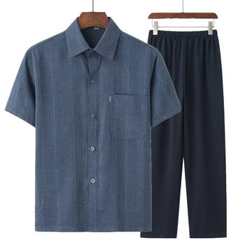 老头老爷爷衣服夏季套装中老年衬衫男棉麻爸爸装夏装607棉麻深灰深蓝