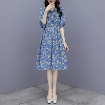 瑜珏(yujue)蓝色雪纺碎花连衣裙女 2021秋款高端女装气质长袖裙子