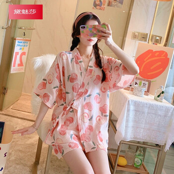 国风睡衣女夏棉纱布可爱短袖短裤日系和服开衫家居服 771#粉色水蜜桃