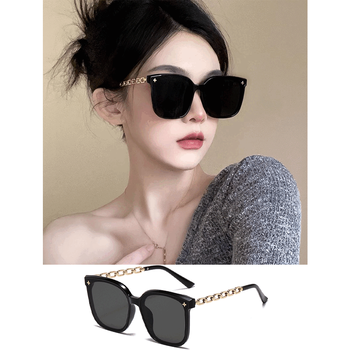 尼基科女生墨镜2024款新款女感款偏光晒太阳镜大框圆脸显瘦链条黑金框