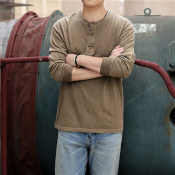 啪吡熊美式水洗亨利衫硬汉长袖男士t春秋复古蜡染阿美咔叽亨利领t恤