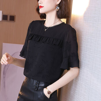 复古遮肚子雪纺衫女短袖2021年新款夏装时尚圆领半袖上衣黑色小衫黑色