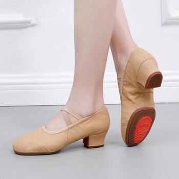 跳舞鞋免系带软底练功帆布鞋女形体芭蕾舞室内外橡胶跟舞蹈鞋 驼色3