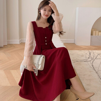 法式方领红色连衣裙2022早春收腰遮肚a字仙女裙红色l