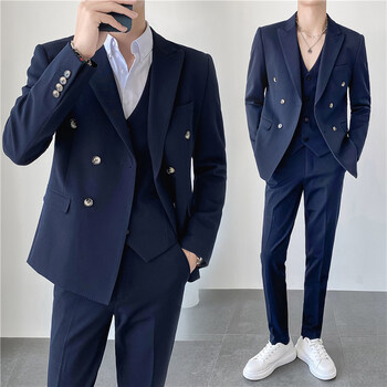 火山鸟西服套装21男装西装男套装休闲潮流双排扣新郎结婚礼服大码外套