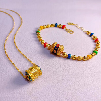 乔姿佧六字真言转运珠项链女珐琅彩黄金手链圆珠999足金路路通吊坠