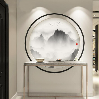 山水画贴纸18d玄关圆形山水禅意新中式背景墙纸水墨墙贴茶室3d壁画