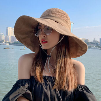 防晒遮阳帽子女生韩版镂空草帽大帽檐沙滩旅游渔夫帽夏季黑胶遮脸太阳