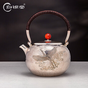 【归银堂】银壶烧水壶银茶水壶纯银999手工一张打飞鹤祥云焖茶壶 595