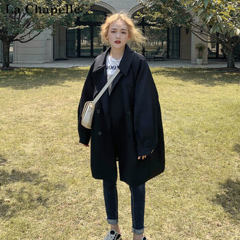 sport拉夏贝尔风衣女小个子春季新款韩版卡其色宽松休闲百搭外套 黑色