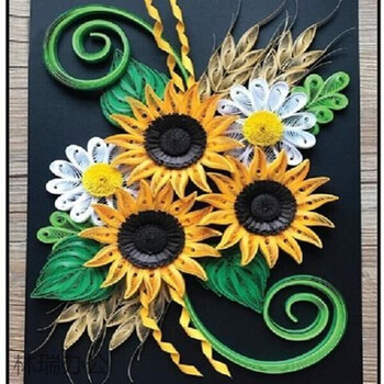 衍纸画材料包立体手工作品工具衍纸条底稿图44向日葵黑底纸条工具7件