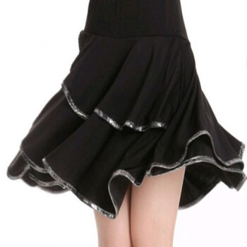 思湄春夏季广场舞波浪半身大摆裙跳舞银边裙子短裙交谊舞裙黑色m