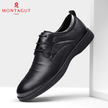 梦特娇男鞋新品休闲鞋男头层牛皮轻便商务休闲皮鞋子男板鞋潮鞋黑色39