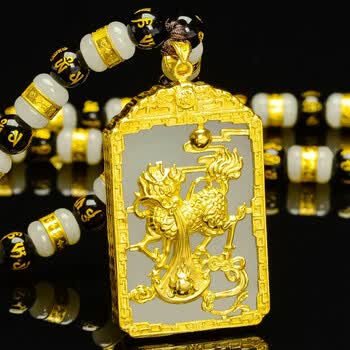转运珠和田玉男款金镶玉项坠999足金 黄金转运珠项链 麒麟吊坠黄金约