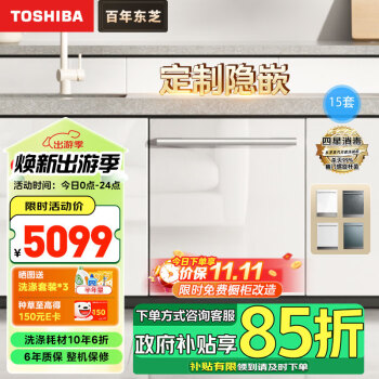 东芝（TOSHIBA）大白梨洗碗机DWTH0 15套定制隐形嵌入式家用105℃热风烘干大容量变频一级水效分层洗极地白面板