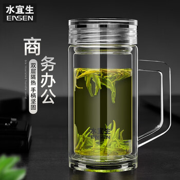 水宜生玻璃杯男士大容量耐热防爆耐高温带把手商务泡茶杯个人专用双层