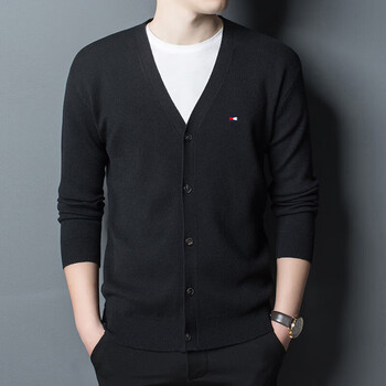 汤米希凯利美国男士针织衫v领秋冬季羊毛开衫美式外套毛线衣黑色t23xj