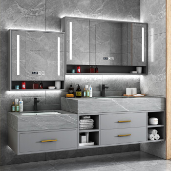 西凯威定制岩板实木双盆亲子轻奢现代浴室柜组合高低子母洗手洗漱台盆