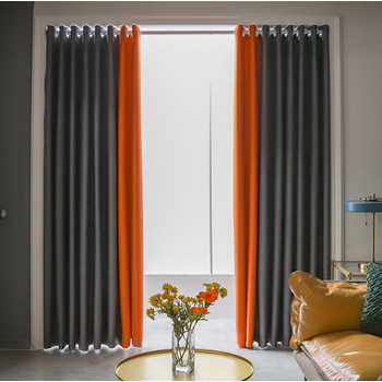窗帘纯色拼接款简约现代卧室飘窗短帘小窗带伸缩杆子灰色拼橙色拼接款