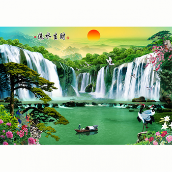 中式山水画流水生财自粘壁画墙贴画海报贴纸风水画客厅装饰画墙纸盖乐
