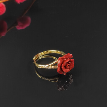 保真朱砂红玫瑰花朵戒指戴食指可调节铜镀金银开口高档指环 金色戒托