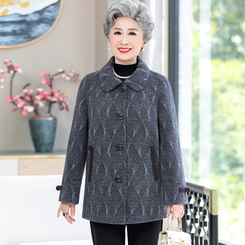 装翻领衣服60岁7080老太太秋冬厚款呢子上衣新款洋气大码高档妈妈装